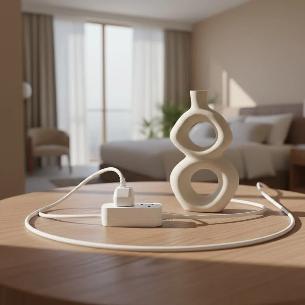 Close-up of a 16 gauge extension cord with a three-prong plug