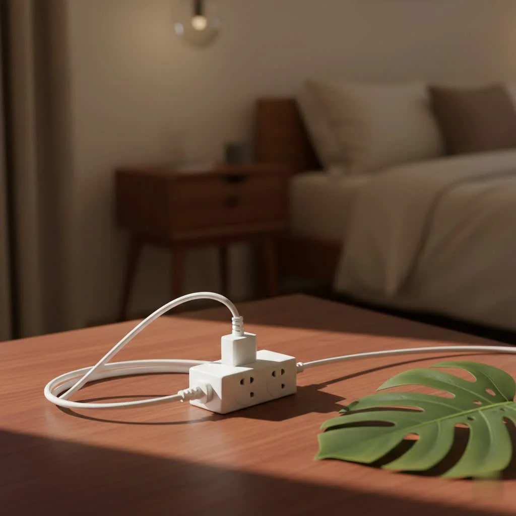 Heavy-duty 10 gauge extension cord uncoiled on a workshop floor