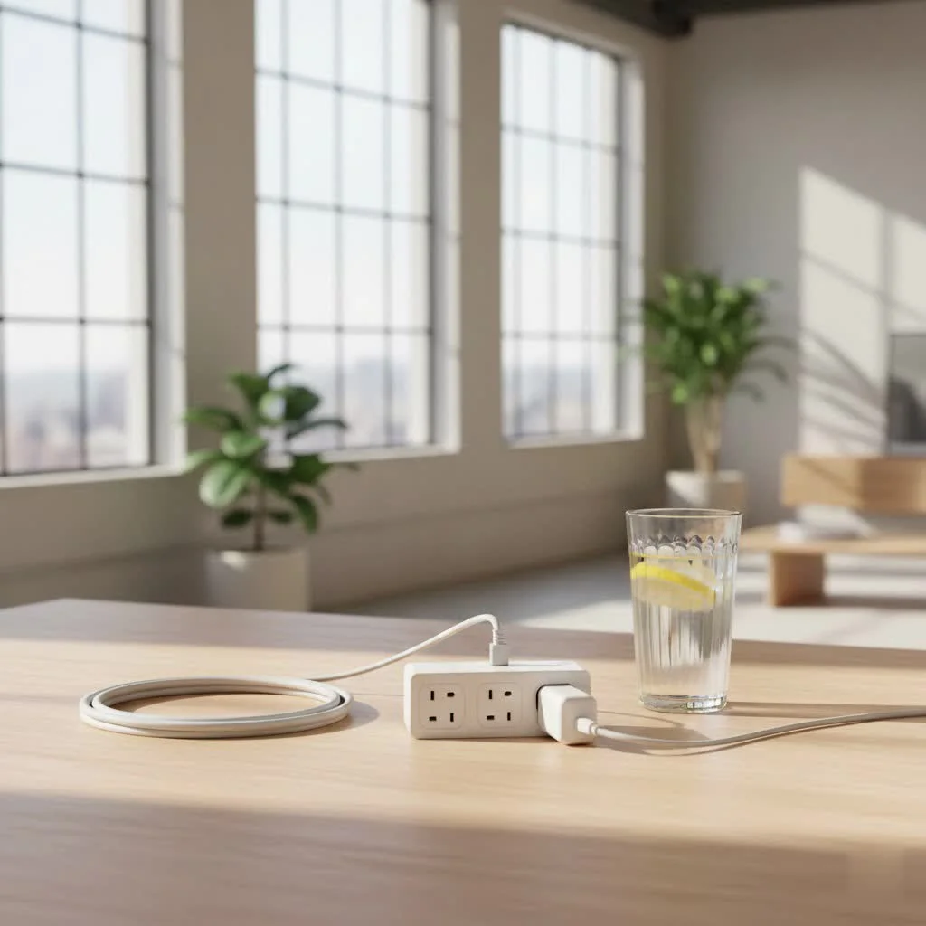 Yellow 100-foot heavy-duty extension cord coiled on a job site