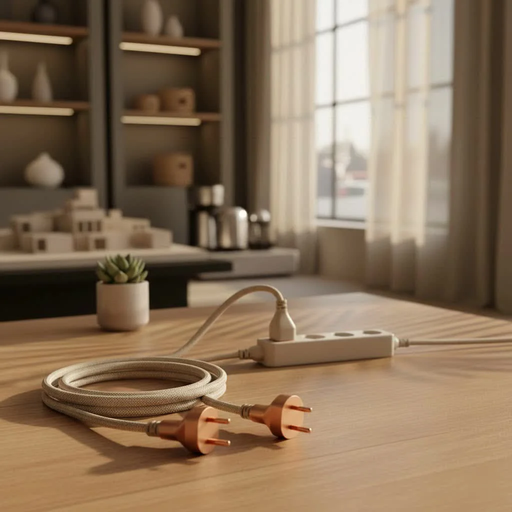 A bright orange 50-foot extension cord coiled on a clean surface