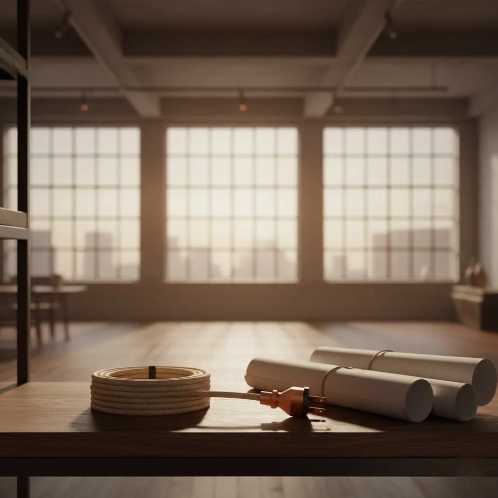 Yellow outdoor extension cord coiled on a wooden deck