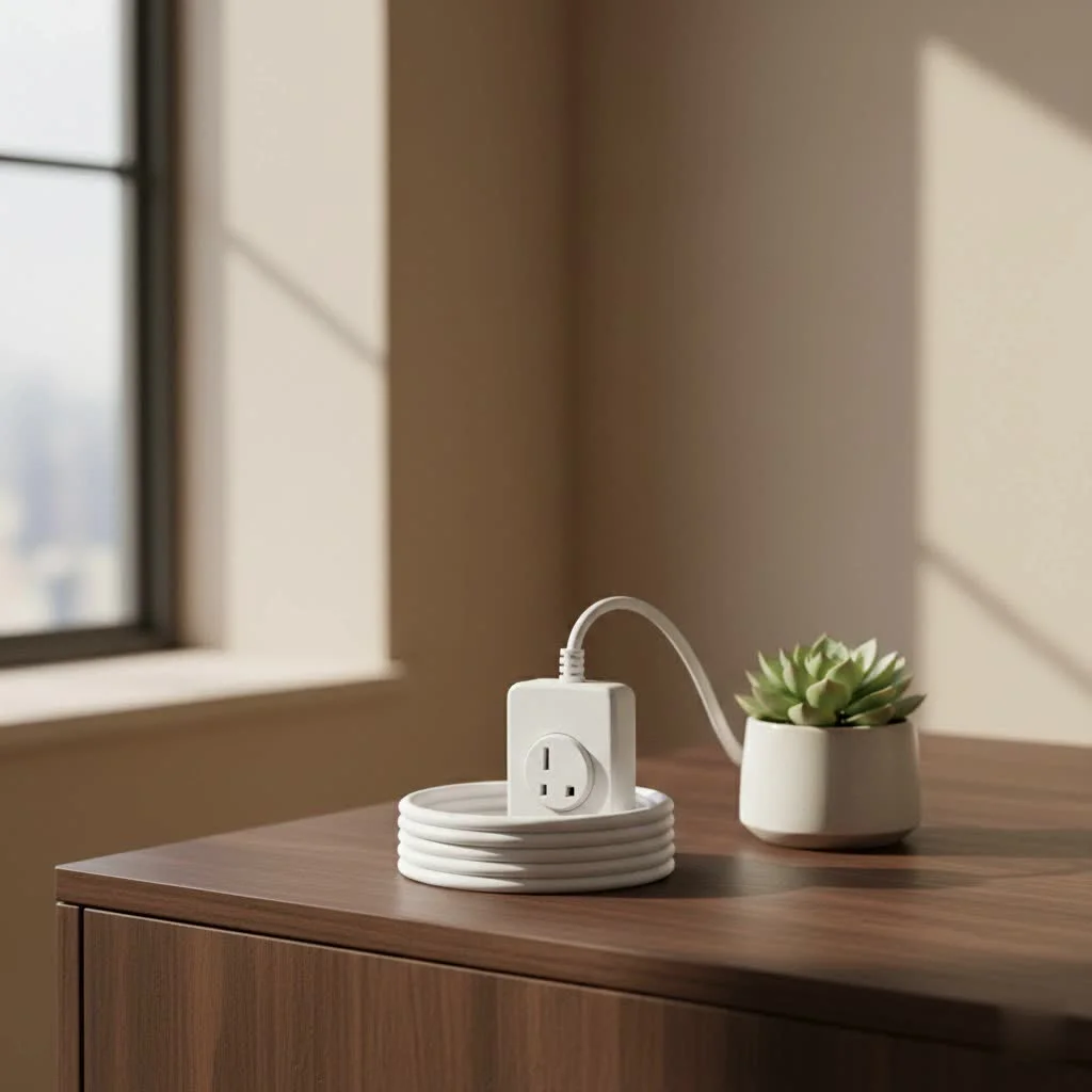 A coiled 10-foot extension cord with a three-prong plug