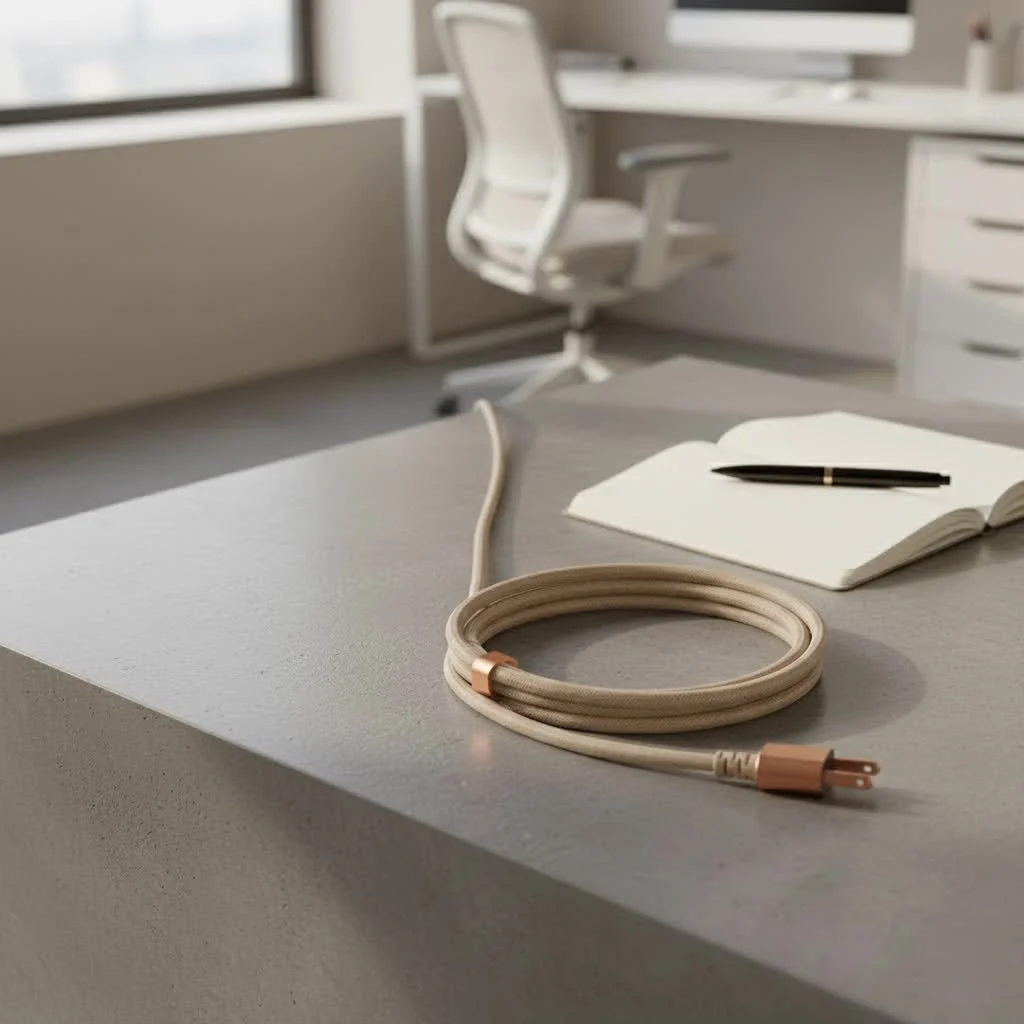 Heavy-duty extension cord plugged into a wall outlet, ready for an air conditioner