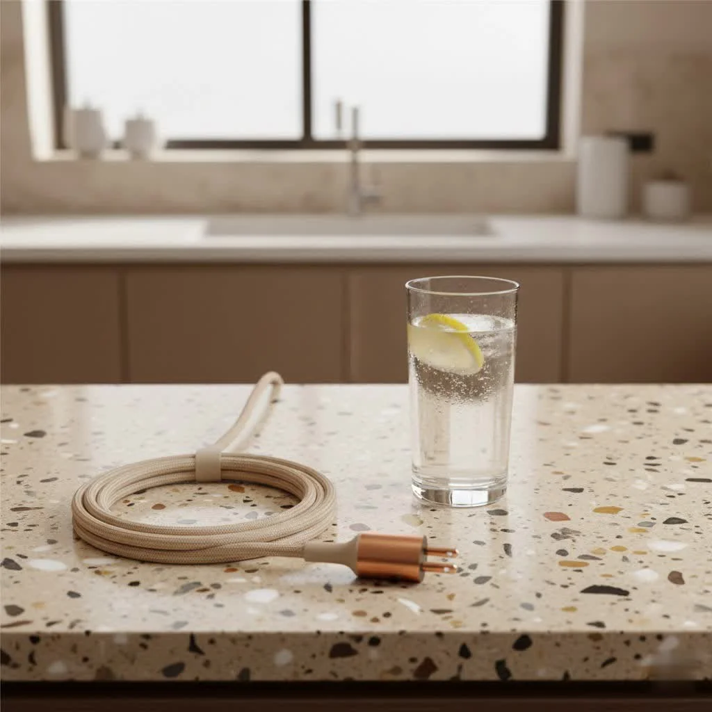 Various extension cords coiled and plugged into outlets