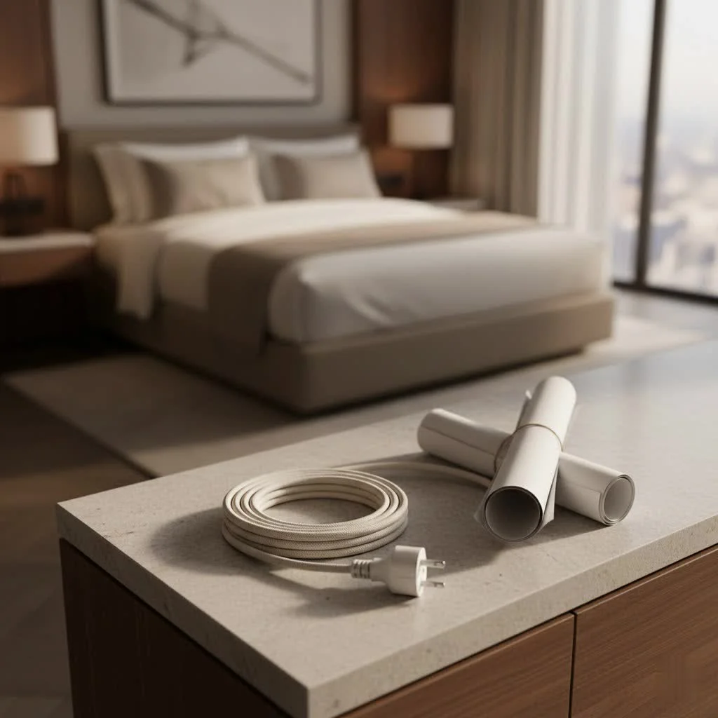 Flat plug extension cord allowing furniture to sit flush against a wall
