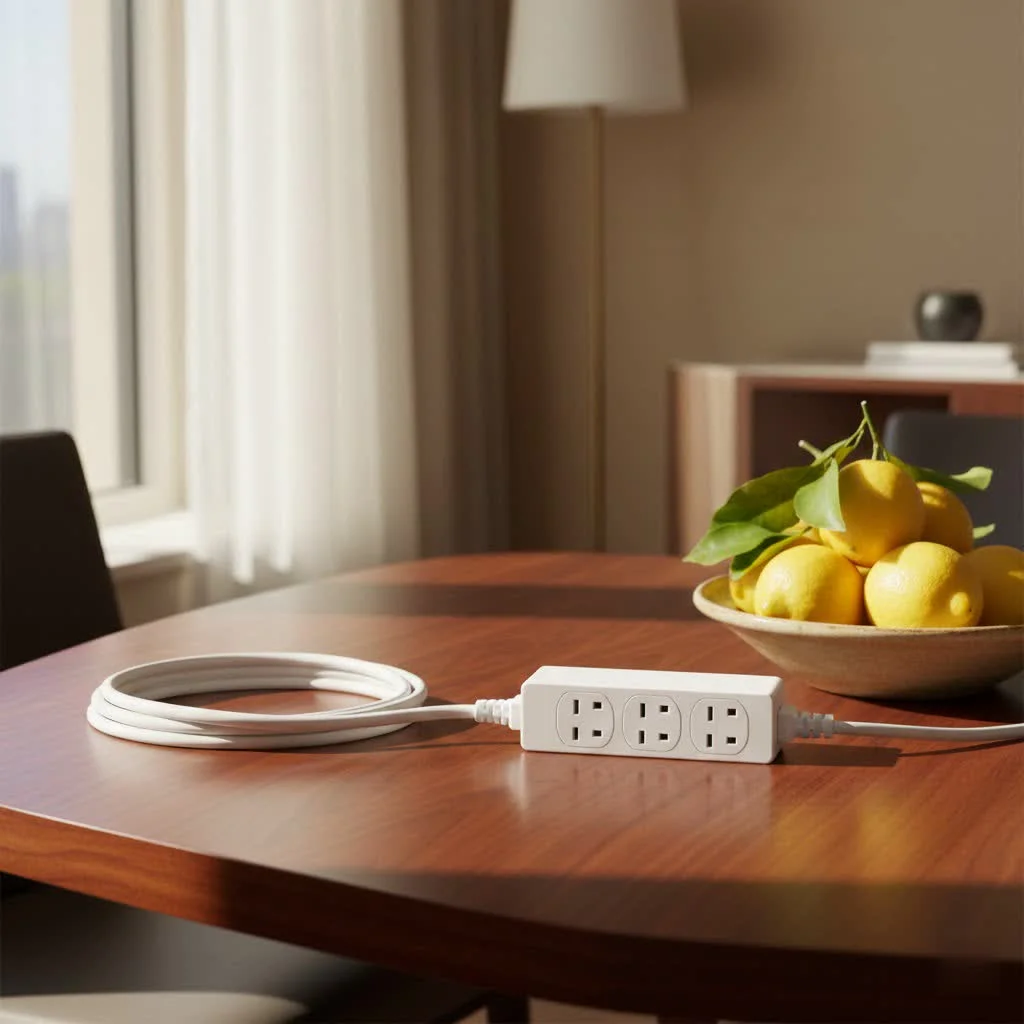 A coiled 3-foot extension cord with a three-prong plug