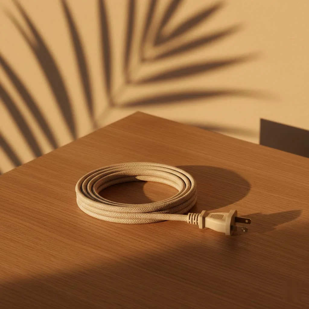 Indoor extension cord powering a lamp and laptop