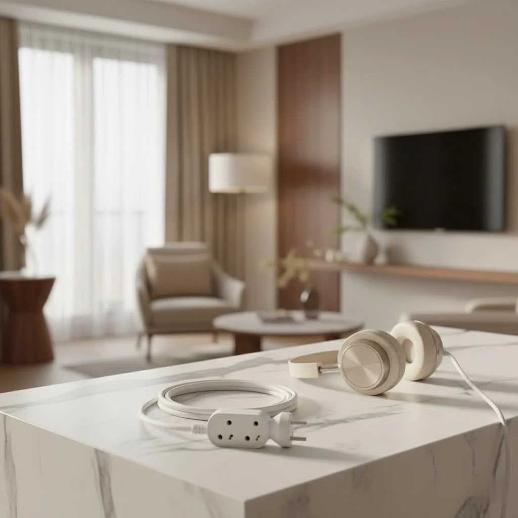 Flat extension cord with multiple outlets and a flush plug